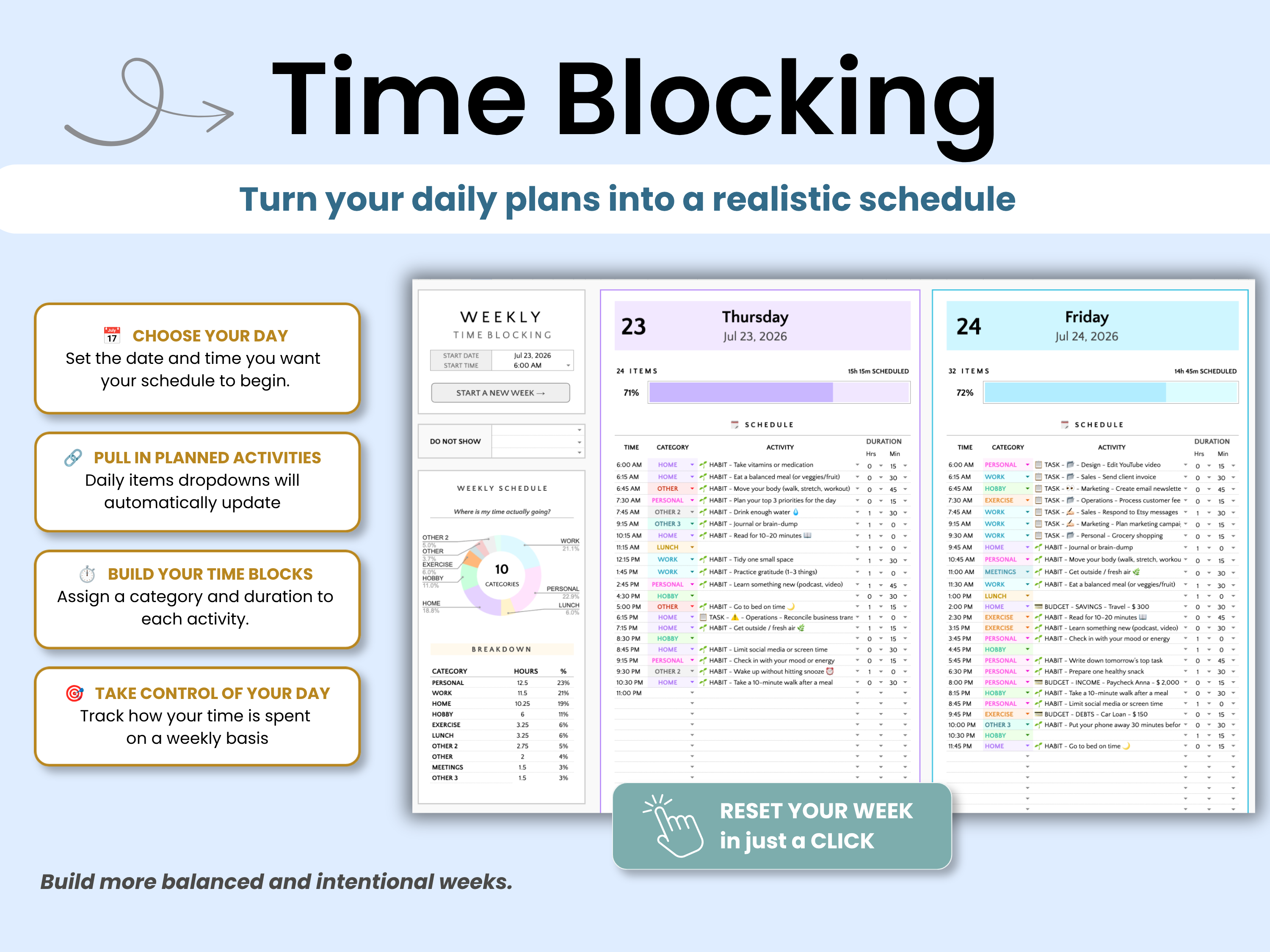 A promotional graphic for a digital time-blocking planner template, showing sample weekly calendar layouts with pastel-colored blocks and text callouts on a light blue background.