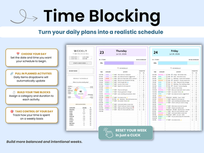 A promotional graphic for a digital time-blocking planner template, showing sample weekly calendar layouts with pastel-colored blocks and text callouts on a light blue background.