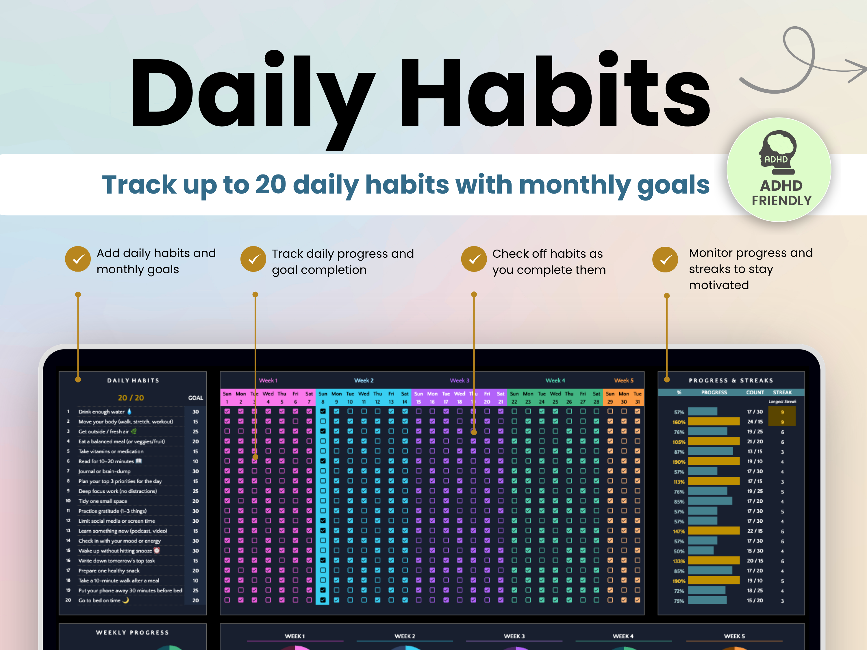 Track up to 20 daily habits with monthly goals 
