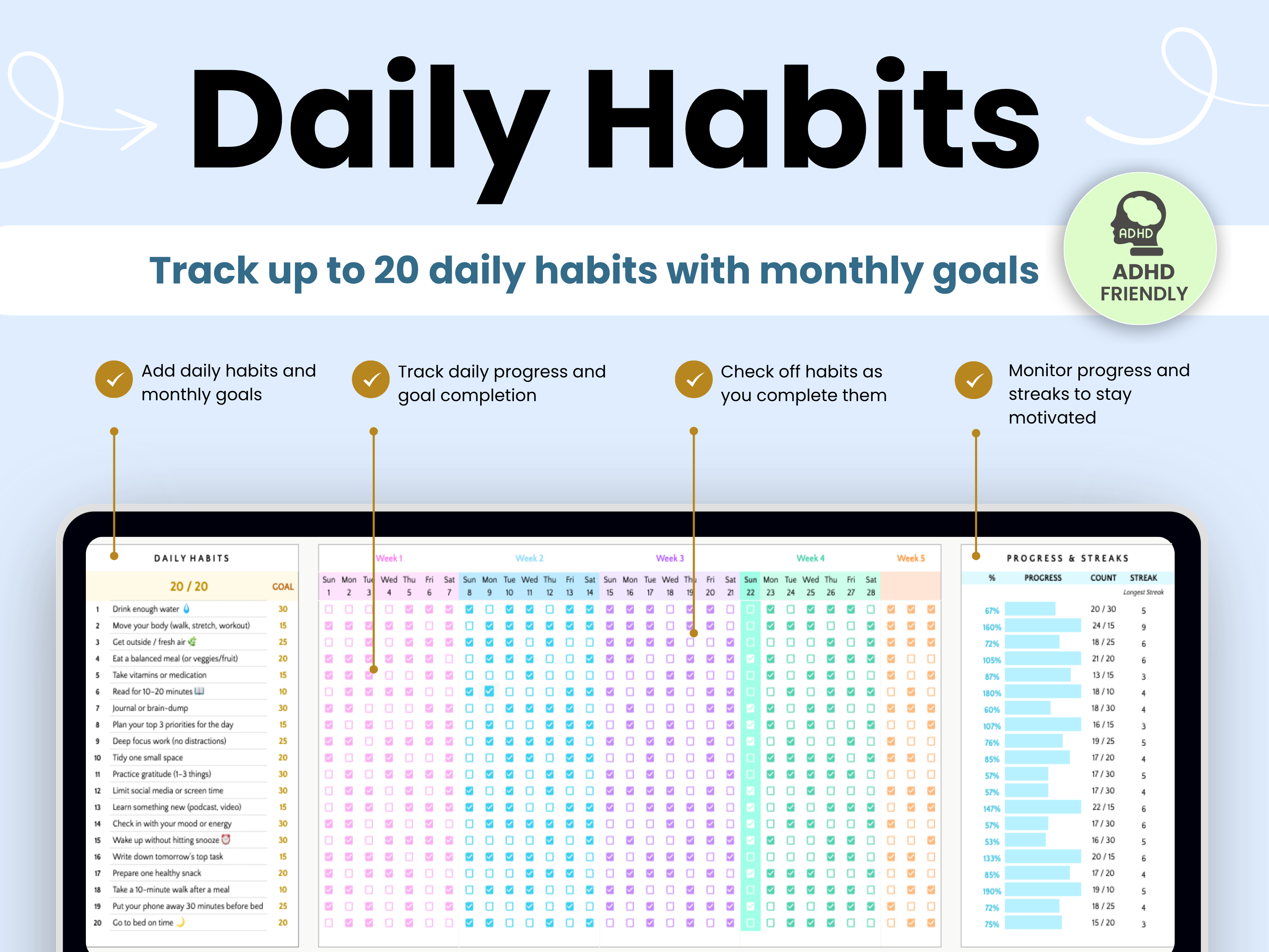 Track up to 20 daily habits with monthly goals 