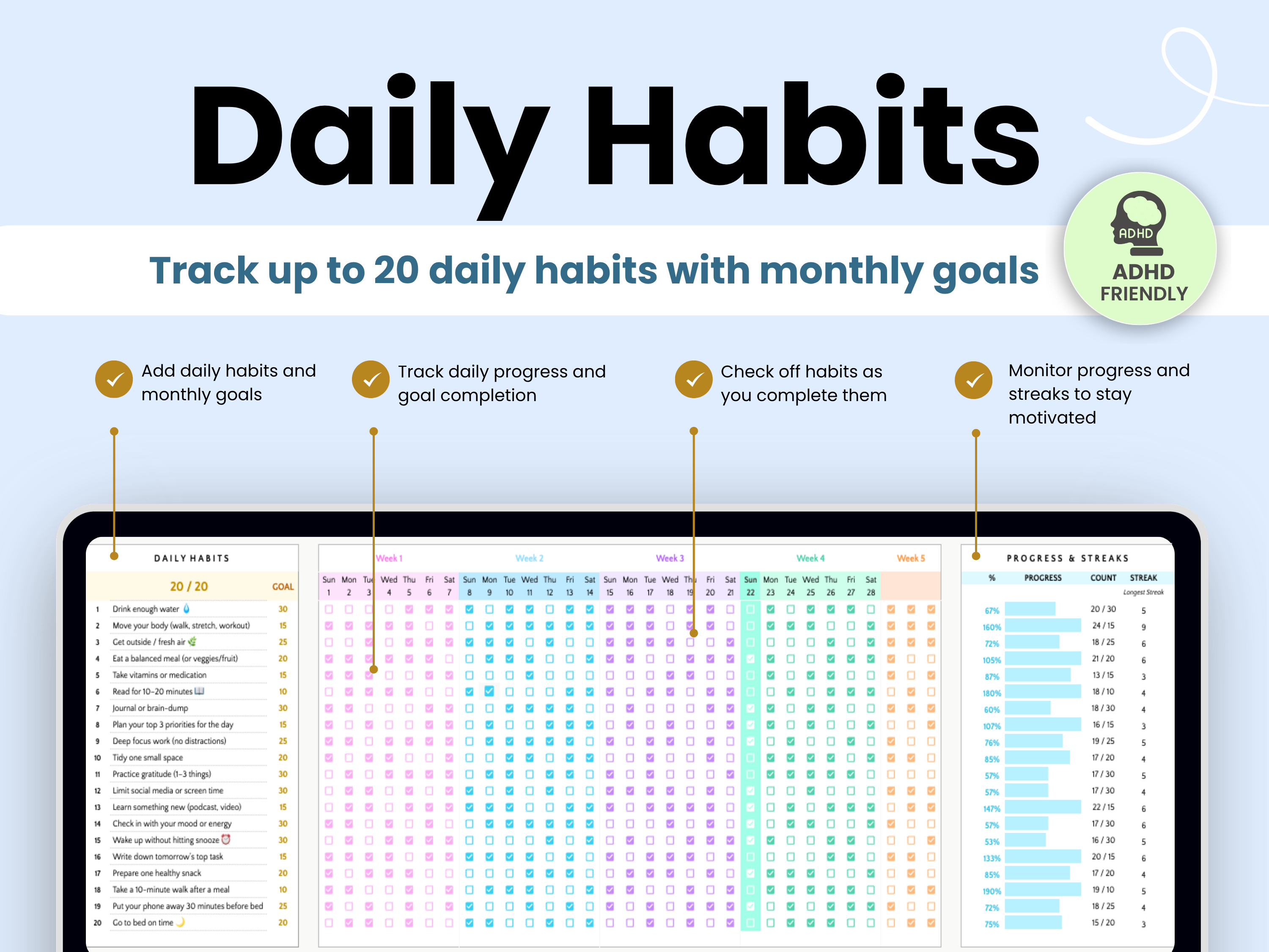 Track up to 20 daily habits with monthly goals 