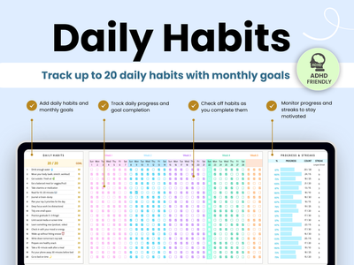 Track up to 20 daily habits with monthly goals 