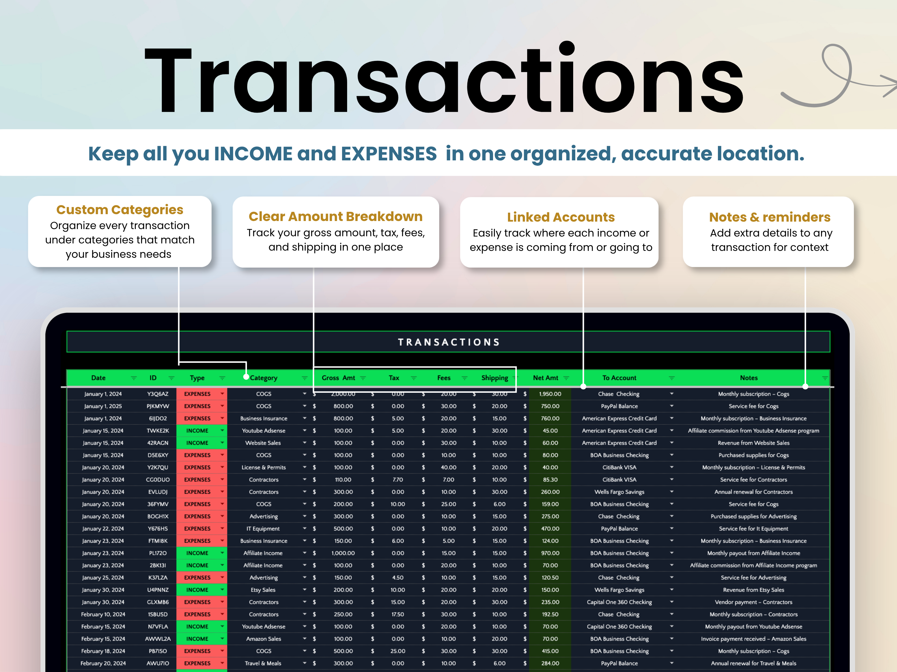 Transaction database for income and expenses by Smart Kit Designs