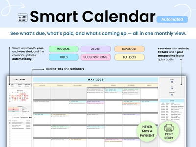Smart Calendar software interface with monthly view and feature buttons.