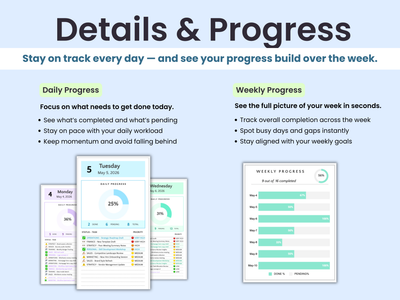 Screenshot of a productivity app with daily and weekly progress tracking features on a light blue background.