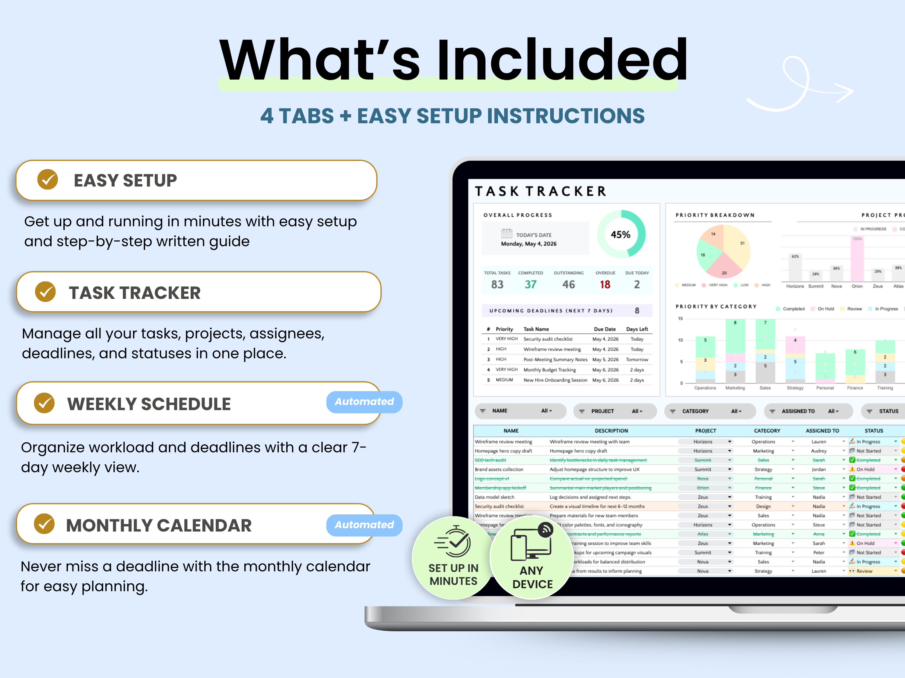 Task tracker software with setup instructions on a computer screen