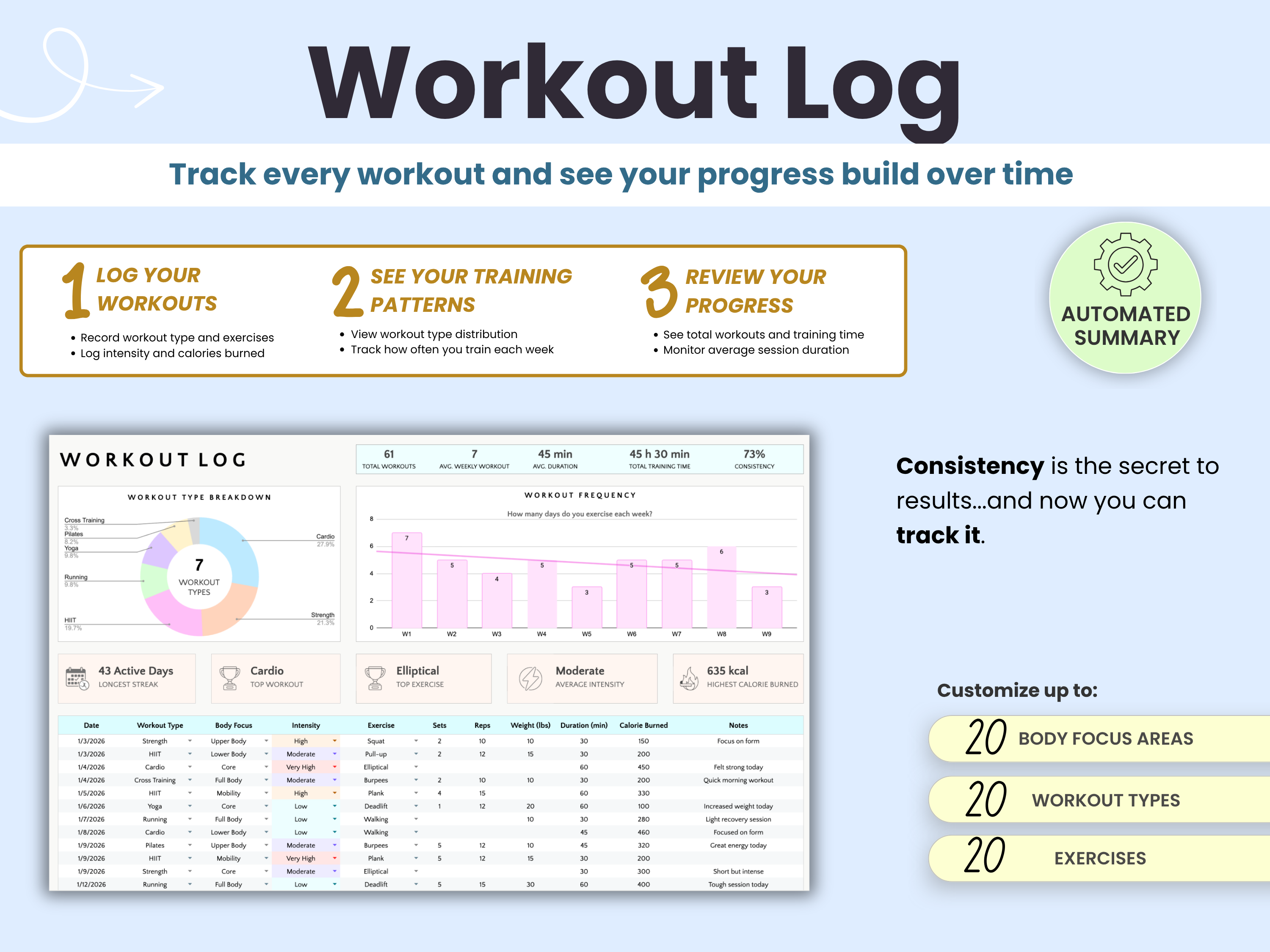 Workout Log to track every workout in one organized view