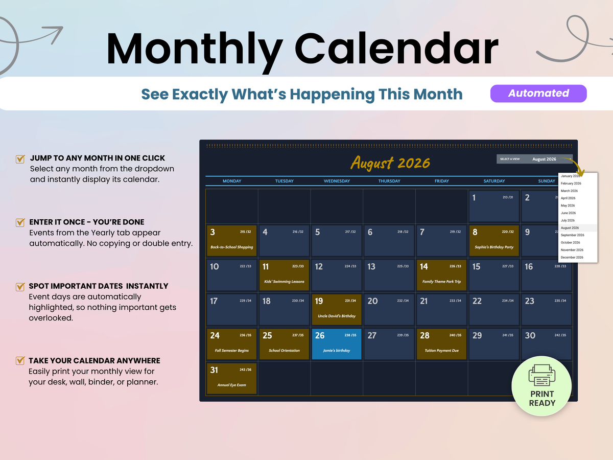 A promotional graphic for a digital monthly calendar template, showing an August 2026 calendar view with highlighted dates and a dropdown menu feature. The design includes feature callouts on the left and a print-ready badge on the bottom right, set against a soft pink and blue gradient background.