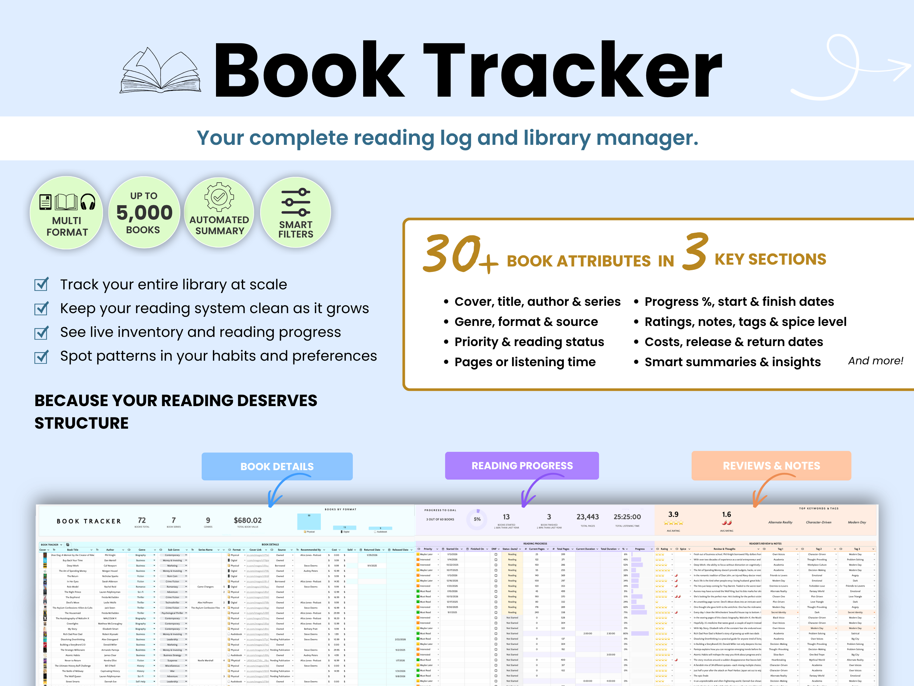 Book Tracker software interface with features and benefits highlighted